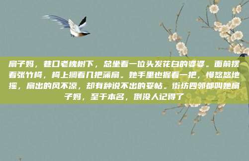 扇子妈,巷口老槐树下,总坐着一位头发花白的婆婆。面前摆着张竹椅,椅上搁着几把蒲扇。她手里也握着一把,慢悠悠地摇,扇出的风不凉,却有种说不出的妥帖。街坊四邻都叫她扇子妈,至于本名,倒没人记得了